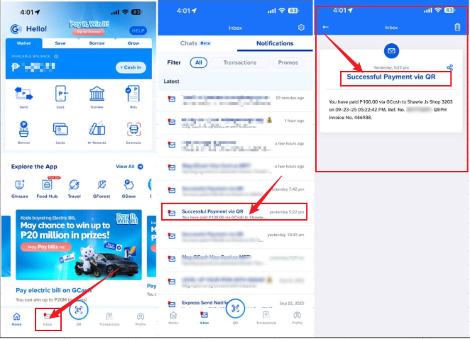 GCash inbox 找凭证的步骤
