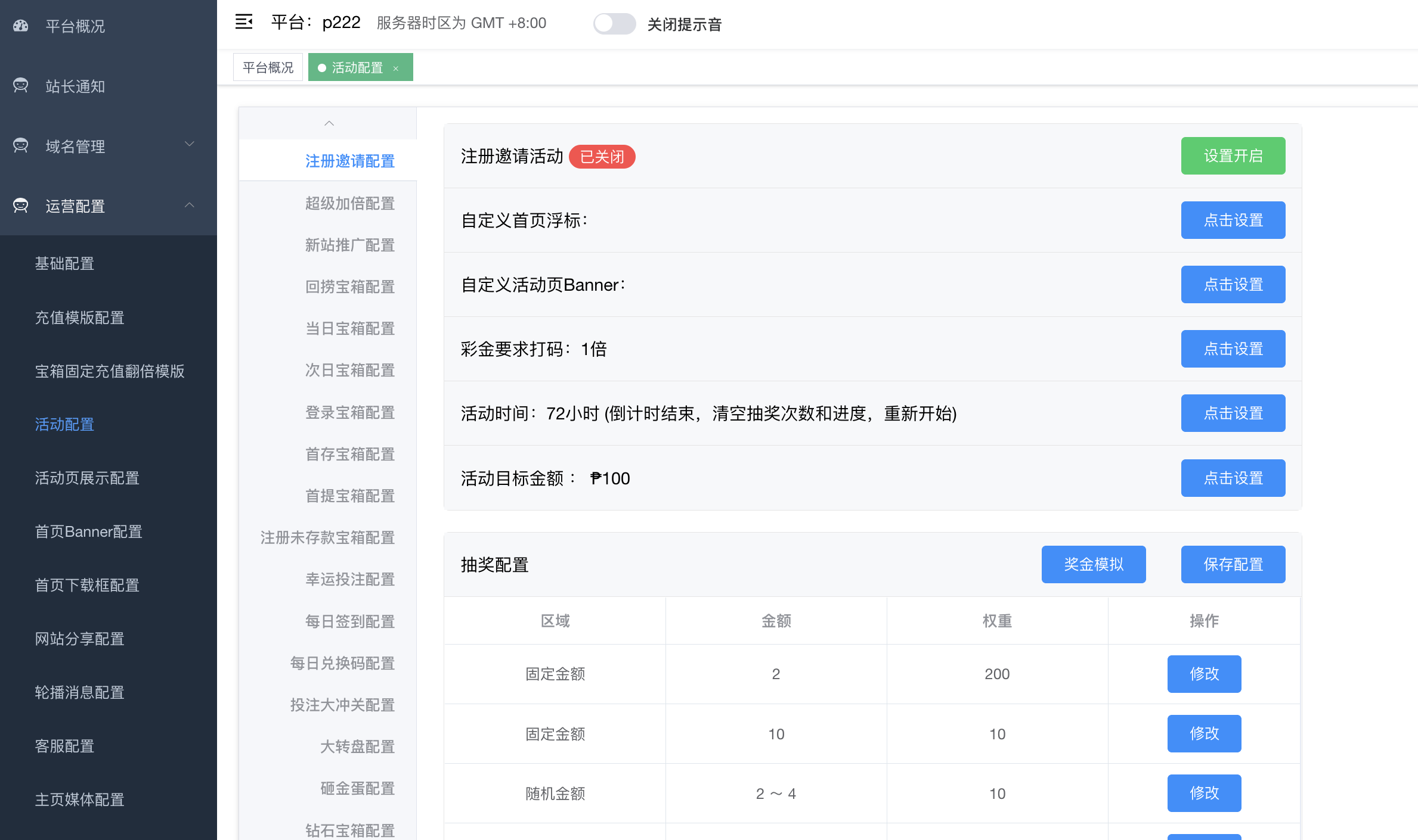 活动配置主页面 - 左侧二级菜单 + 右侧"注册邀请配置"详情