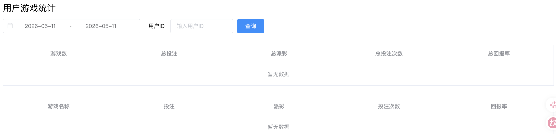 用户游戏统计 - 按游戏汇总投注派彩
