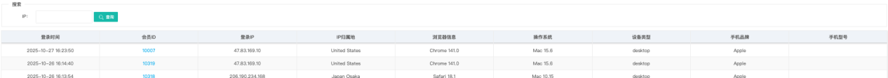 IP 稽查列表页面（登录时间 / 会员 ID / 登录 IP / 归属地 / 浏览器 / 操作系统 / 设备类型 / 手机品牌 / 手机型号）