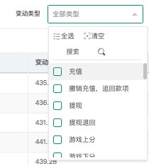 变动类型下拉(充值 / 撤销充值-追回款项 / 提现 / 提现退回 / 游戏上分 / 游戏下分 …)