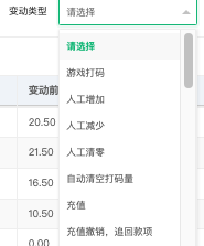 变动类型下拉（游戏打码 / 人工增加 / 人工减少 / 人工清零 / 自动清空打码量 / 充值 / 充值撤销-追回款项）