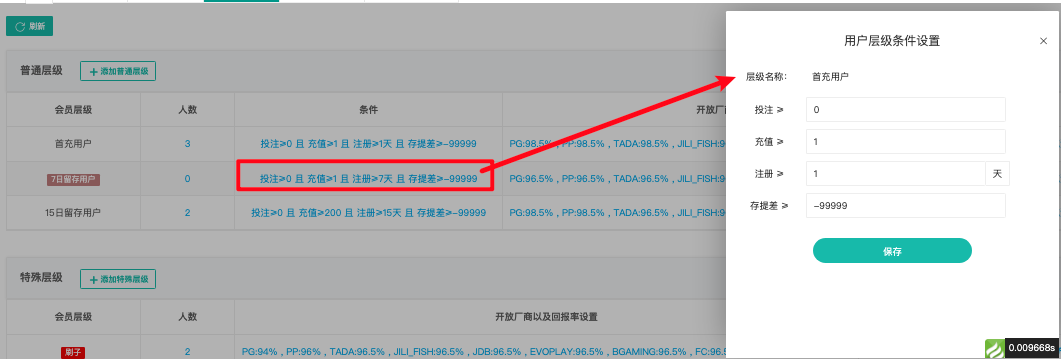 用户层级条件设置弹窗(投注 / 充值 / 天数 / 存提差)