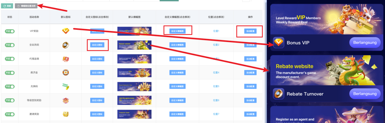 活动配置总入口 - 列表(图标/名称/状态开关)+ 前台 Bonus 卡片预览