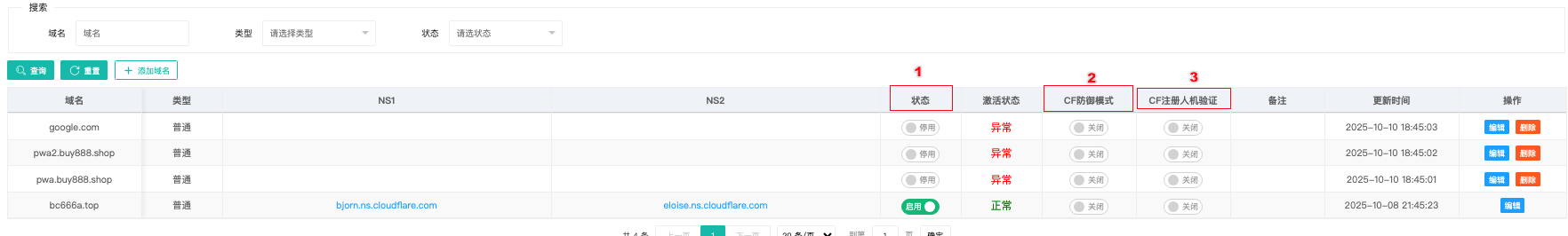 CF 防御 / CF 注册人机验证开关在列表中的位置（截图 domain-site/img03）